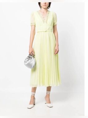 Self-Portrait Lime Green Pleated Midi Dress with Lace Trim